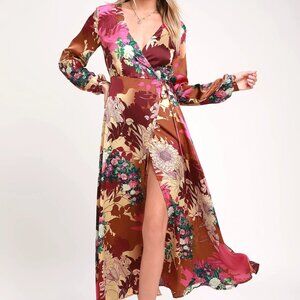 Lulu's Put on a Smile Burgundy Floral Print Satin Wrap Maxi Dress